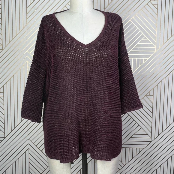 Isabel Marant Maroon Purple Open Knit Linen Blend V-Neck Sweater Size 38‎ / US 6 - Picture 1 of 12